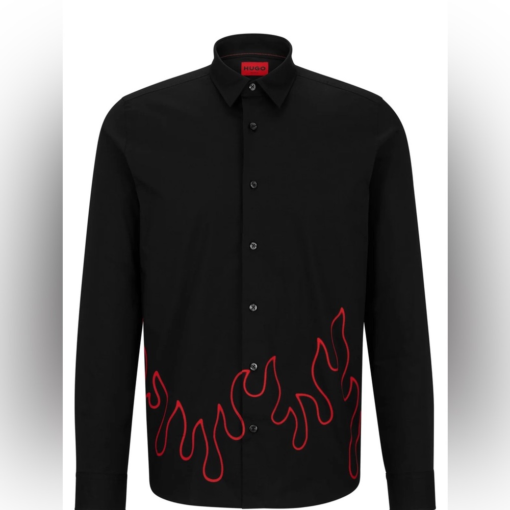 HUGO Black Shirt with Red Flame Pattern